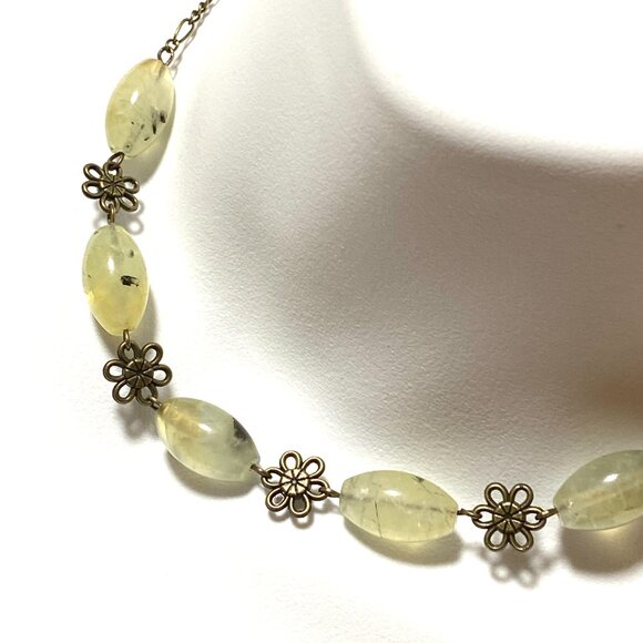 Natural Green Prehnite Necklace, Genuine Gemstones & Bronze Flower Chain - Picture 2 of 12